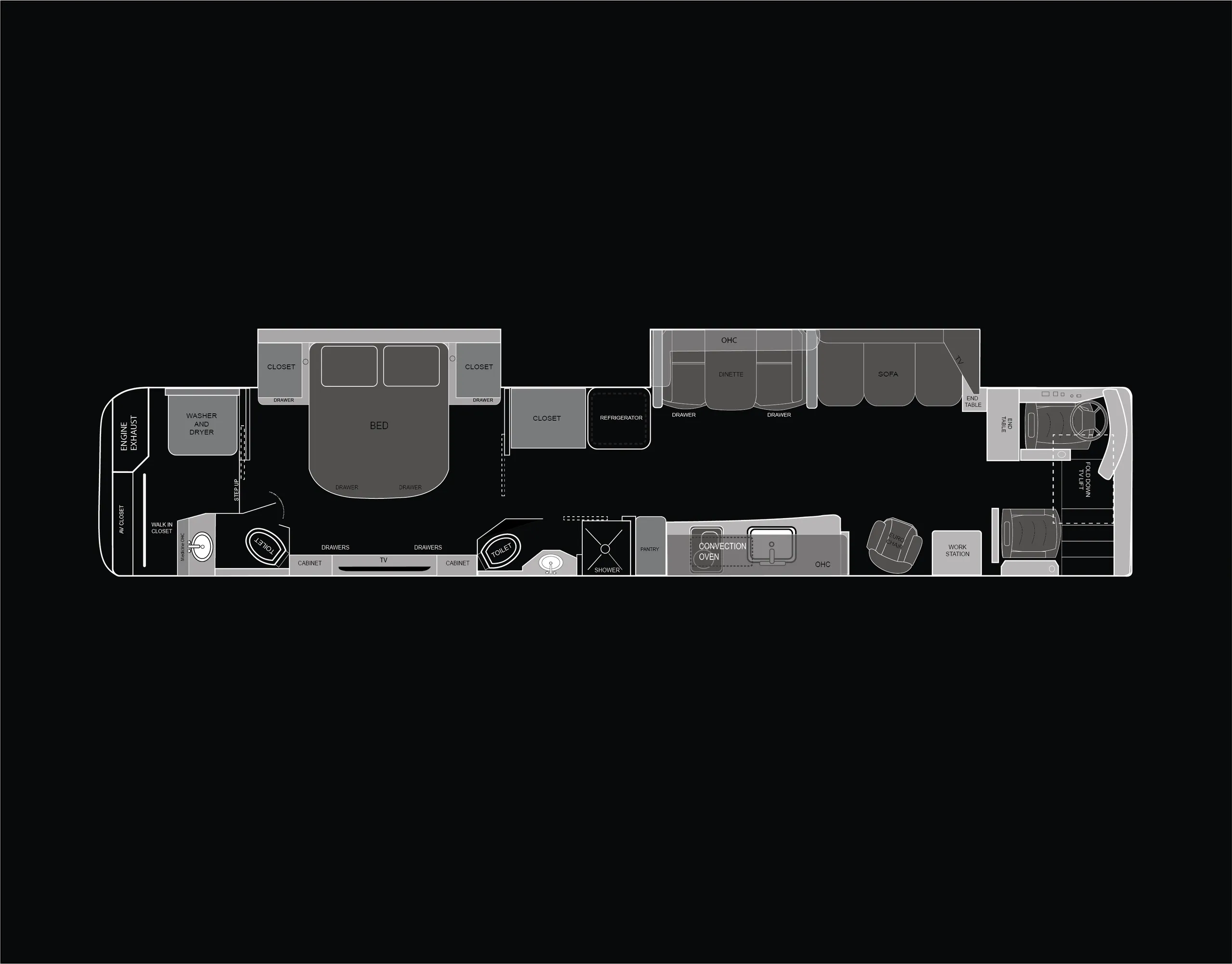 A coach floor plan featuring a large living room