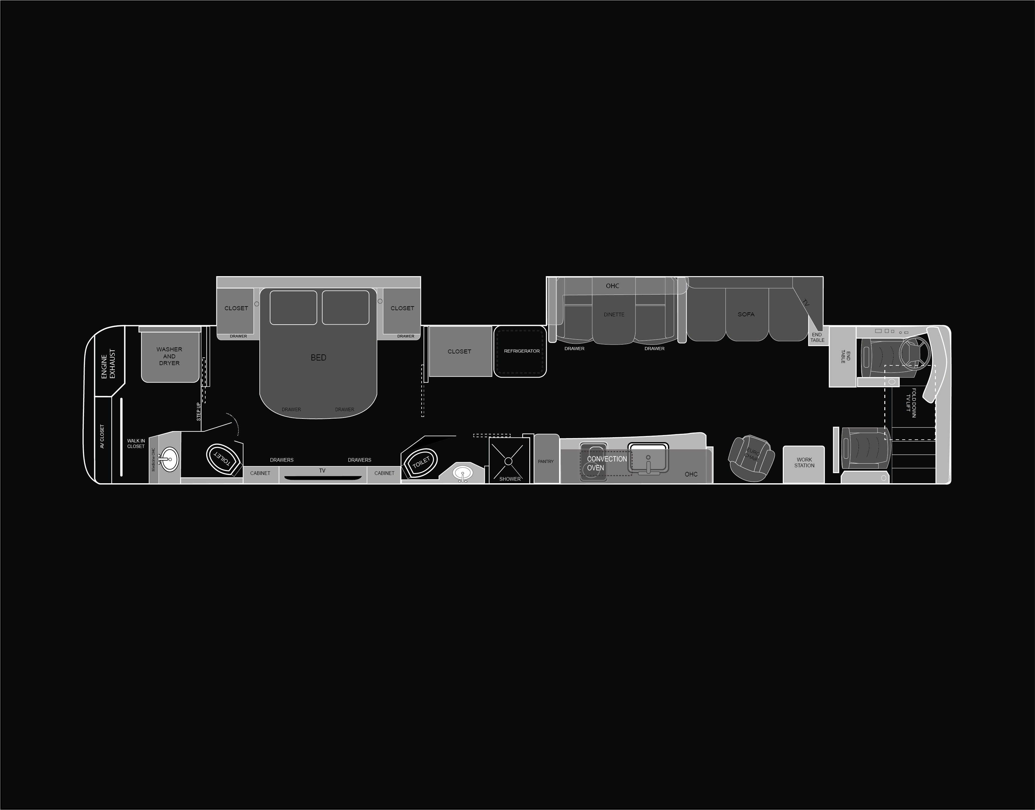 A coach floor plan featuring a large living room
