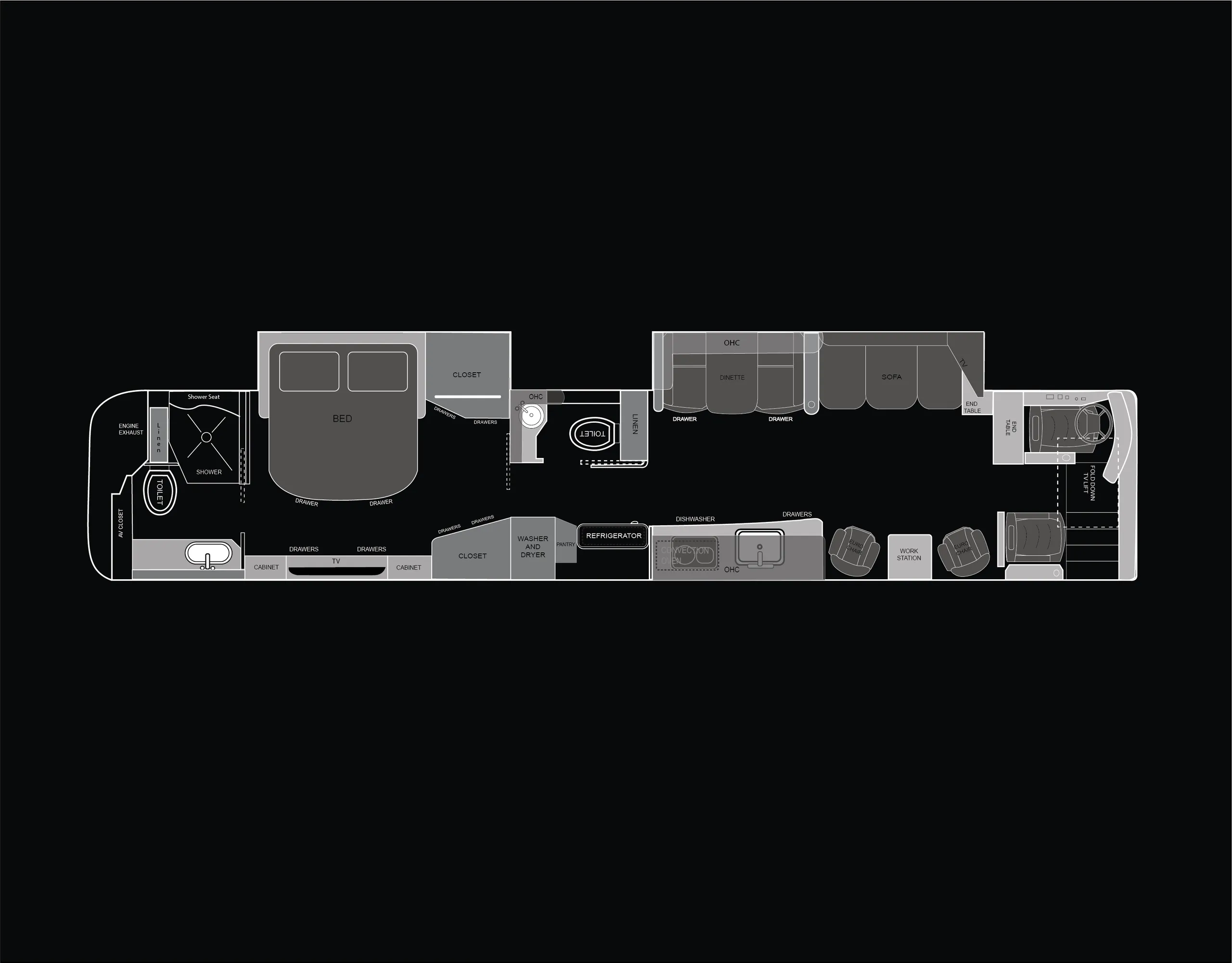 A luxury coach floorplan featuring 2 slide-outs