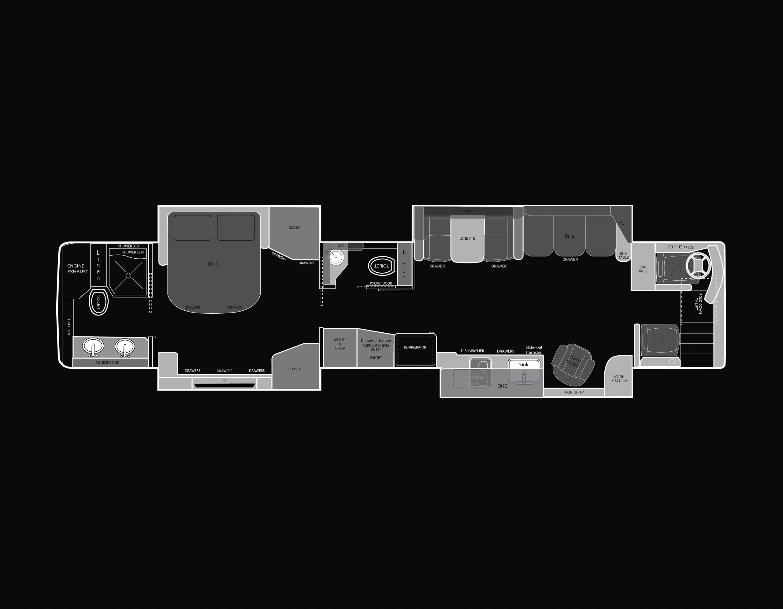 A luxury coach floorplan featuring 4 slide-outs