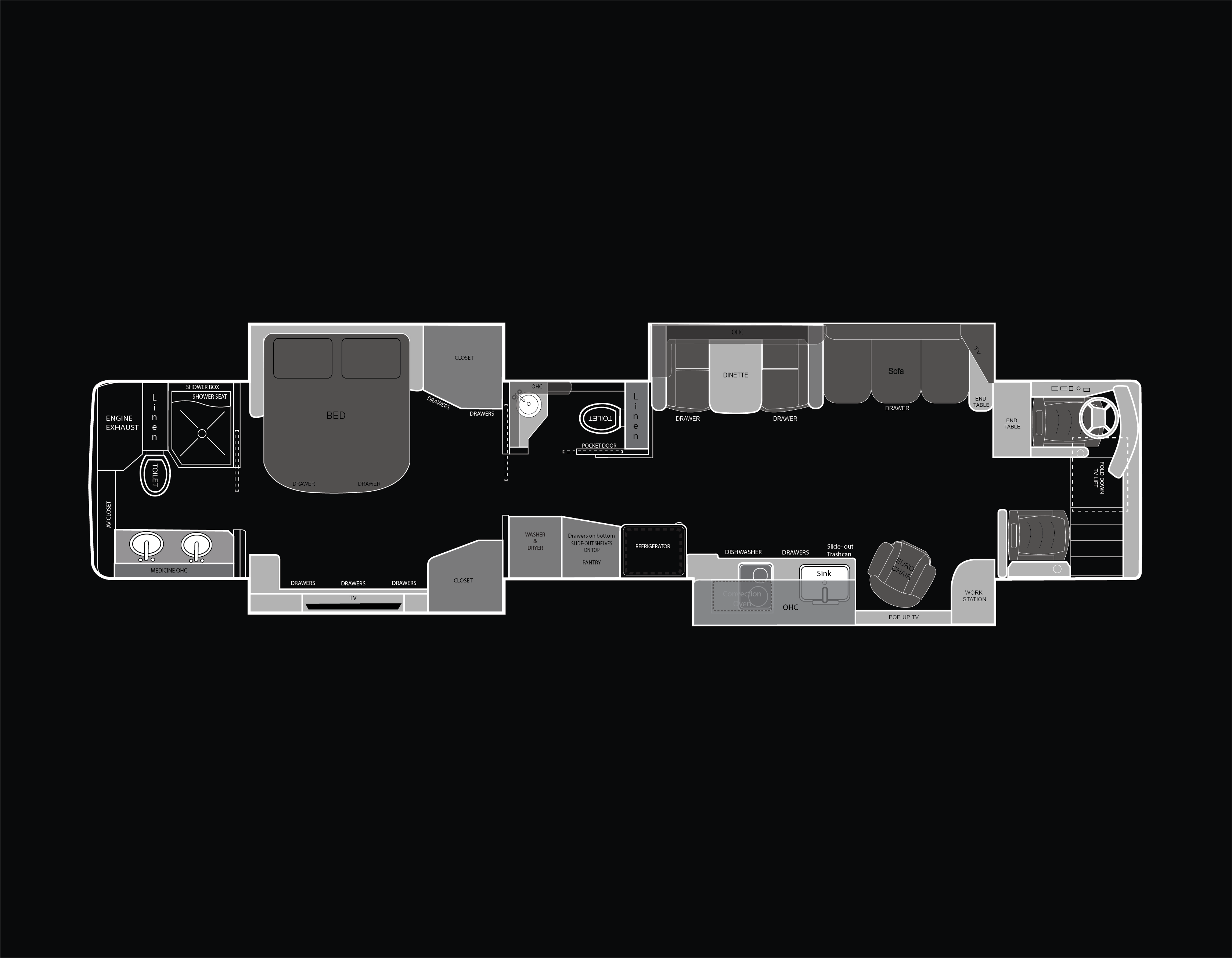 A luxury coach floorplan featuring 4 slide-outs