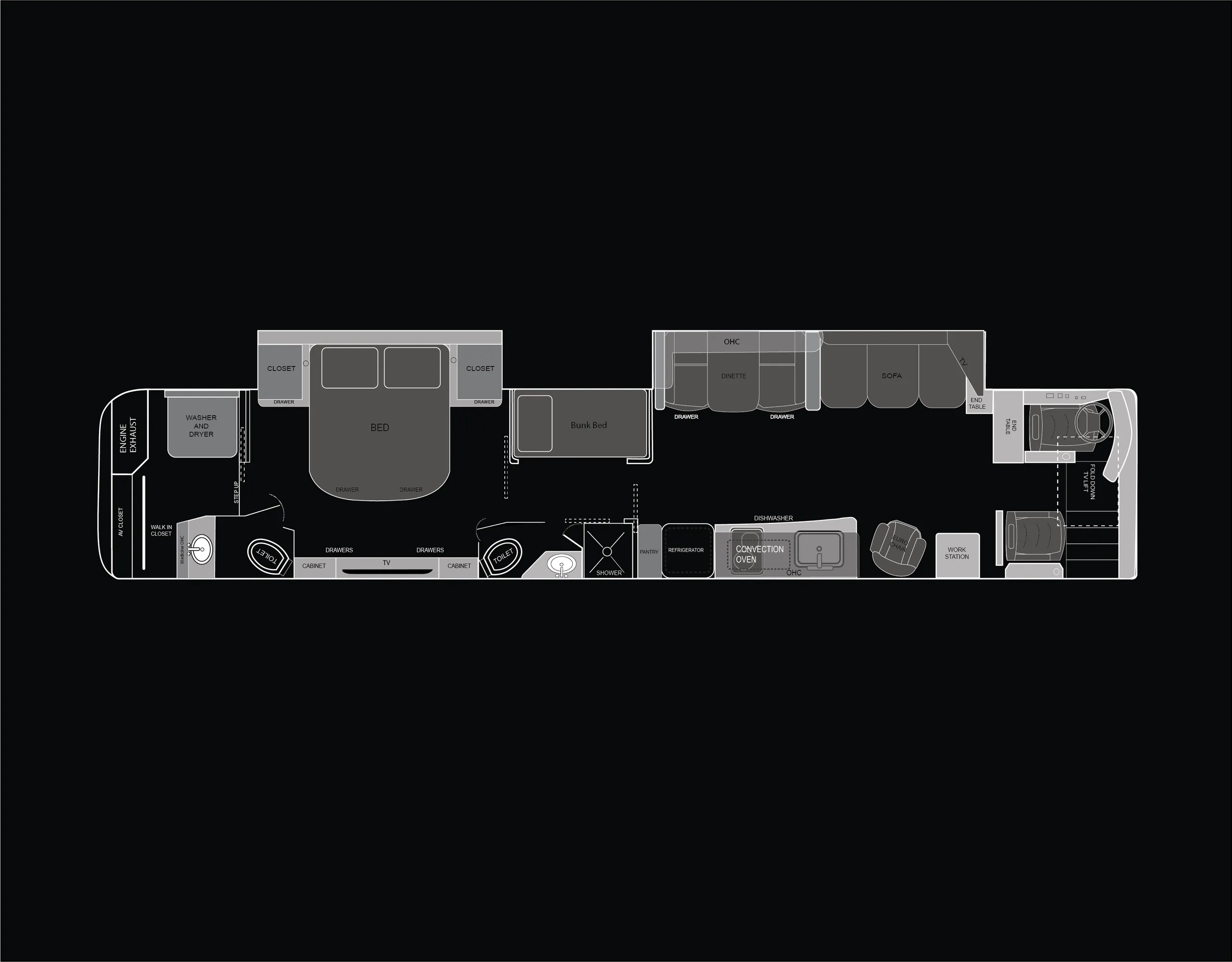 A spacious coach floorplan featuring an additional bunk