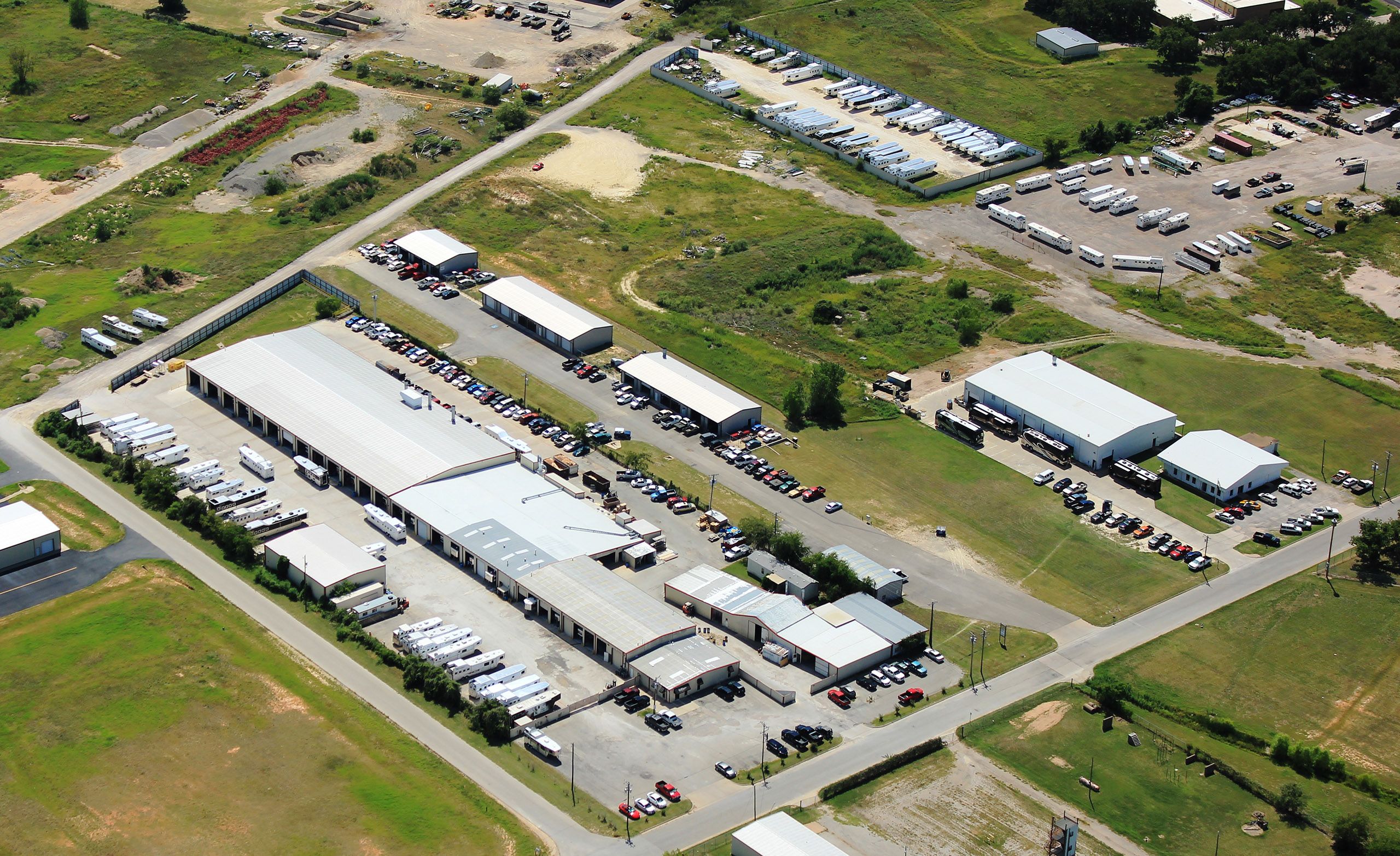 A state of the art manufacturing campus as seen from an aerial view