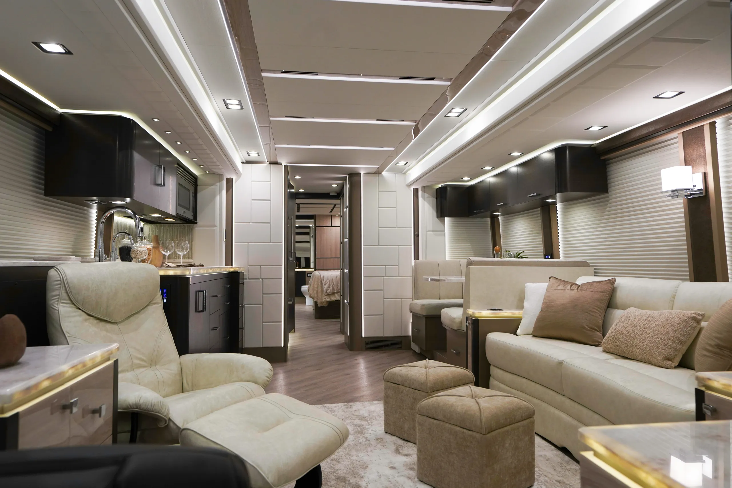 A luxurious RV cabin interior, brilliantly lit