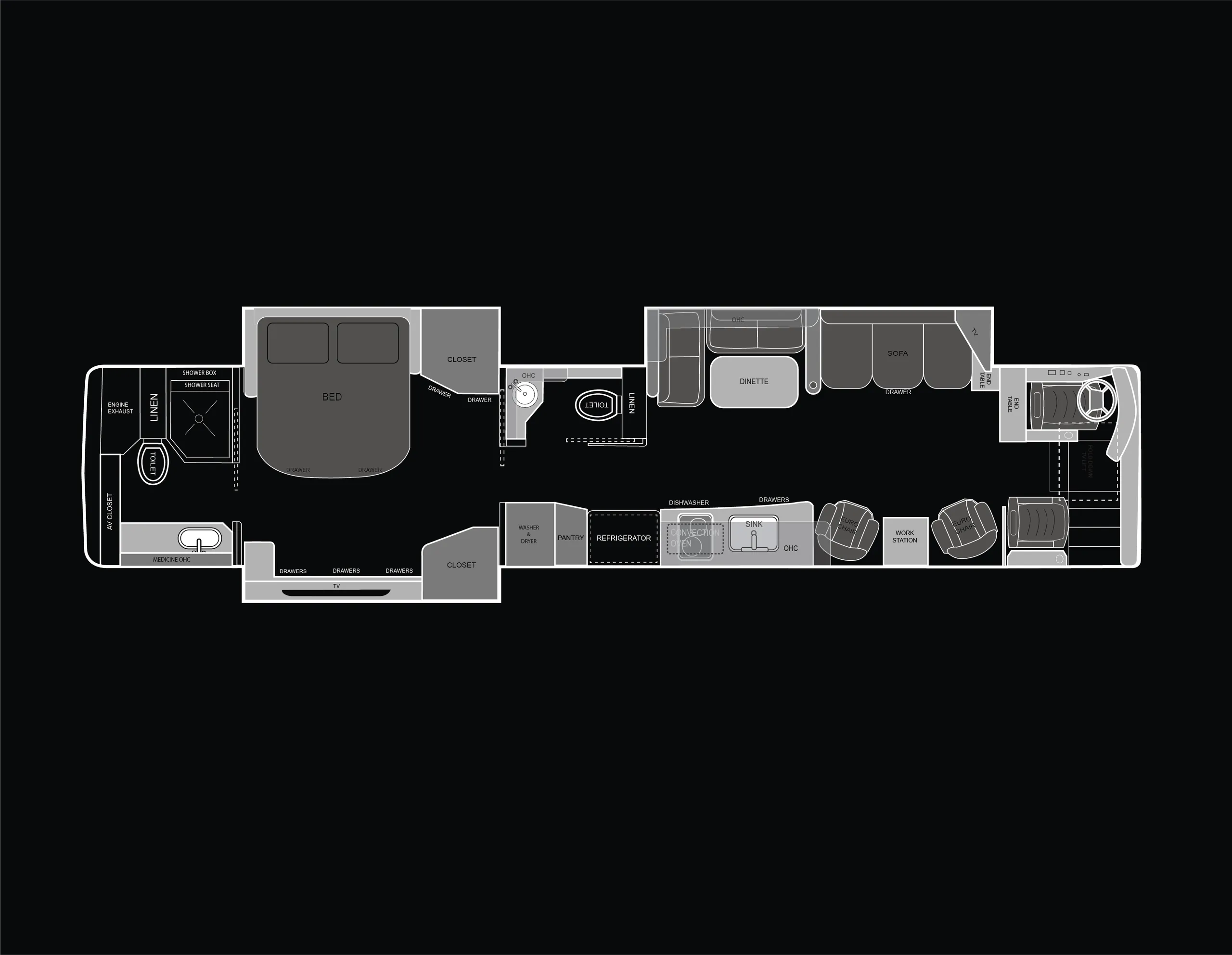 A luxury coach floorplan featuring 3 slide-outs